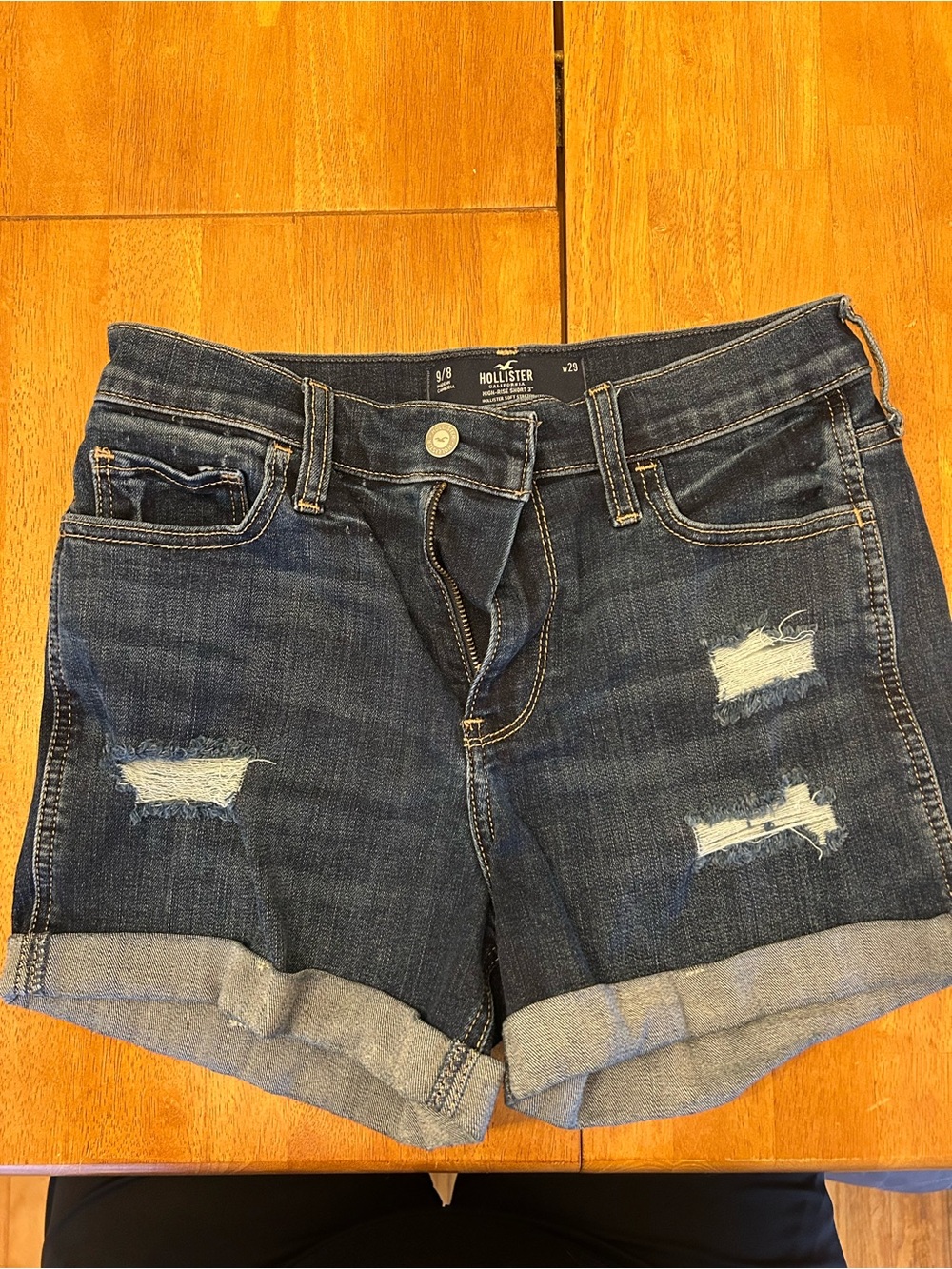 Hollister Dark Indigo Distressed Rolled-Hem Jean Shorts